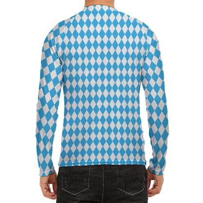 Blue And White Harlequin Pattern Print Men's Long Sleeve Rash Guard