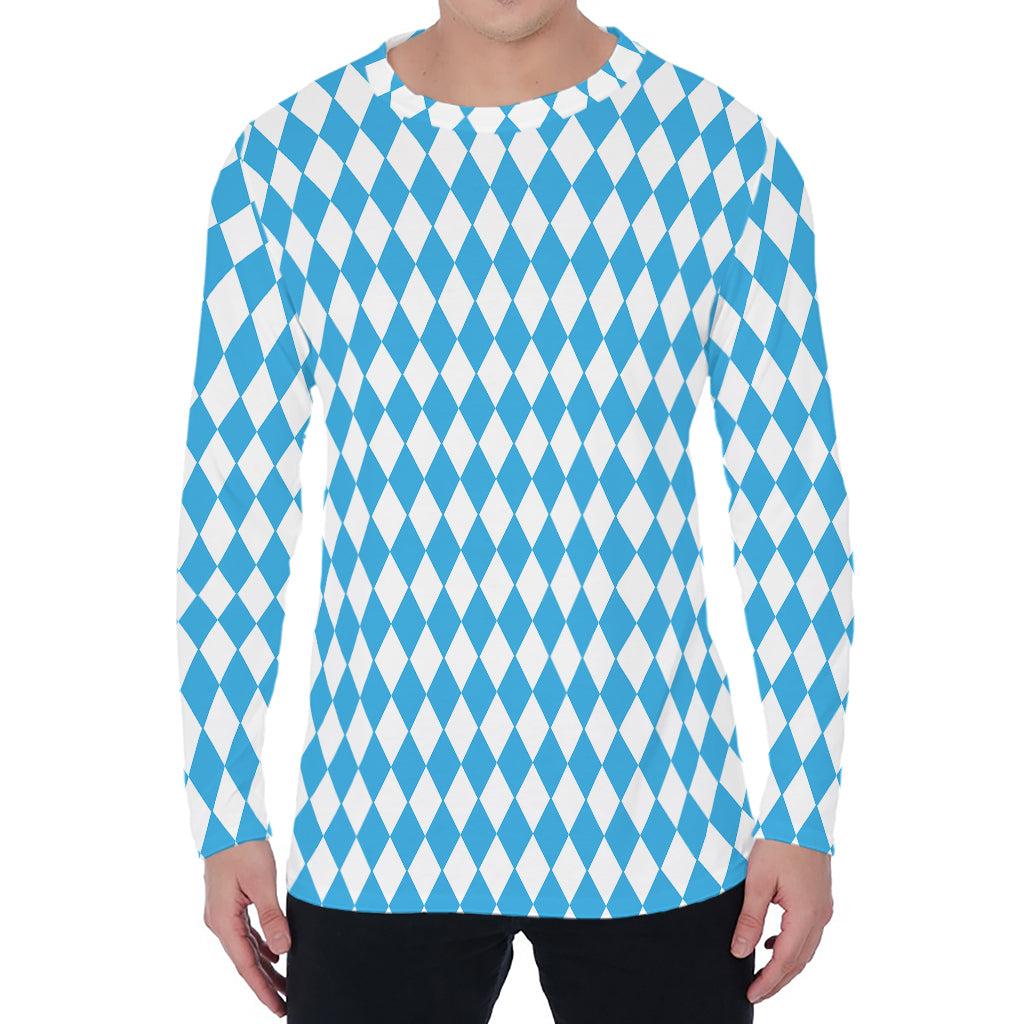 Blue And White Harlequin Pattern Print Men's Long Sleeve T-Shirt