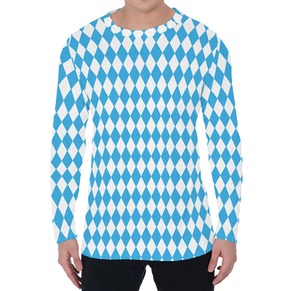 Blue And White Harlequin Pattern Print Men's Long Sleeve T-Shirt