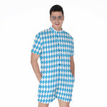 Blue And White Harlequin Pattern Print Men's Rompers