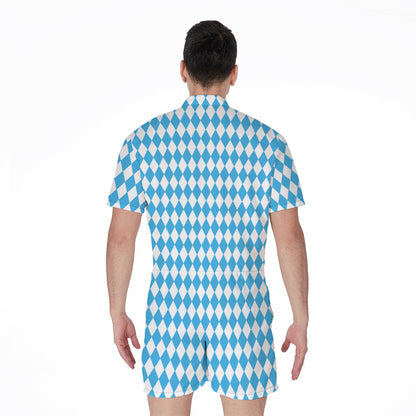 Blue And White Harlequin Pattern Print Men's Rompers