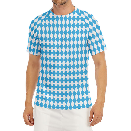 Blue And White Harlequin Pattern Print Men's Short Sleeve Rash Guard