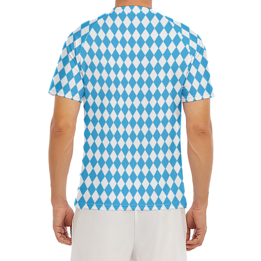 Blue And White Harlequin Pattern Print Men's Short Sleeve Rash Guard