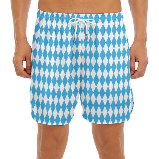 Blue And White Harlequin Pattern Print Men's Split Running Shorts