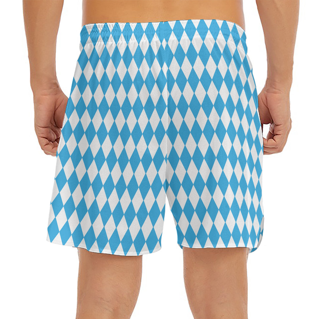 Blue And White Harlequin Pattern Print Men's Split Running Shorts
