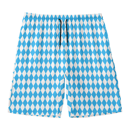 Blue And White Harlequin Pattern Print Men's Swim Trunks