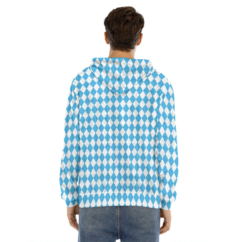 Blue And White Harlequin Pattern Print Men's Velvet Pullover Hoodie