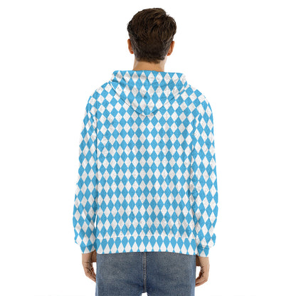 Blue And White Harlequin Pattern Print Men's Velvet Pullover Hoodie