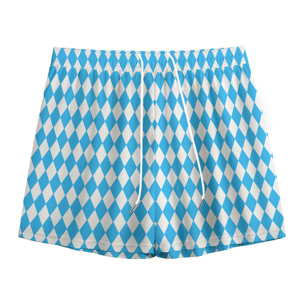 Blue And White Harlequin Pattern Print Mesh Shorts
