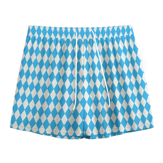 Blue And White Harlequin Pattern Print Mesh Shorts