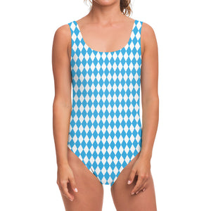 Blue And White Harlequin Pattern Print One Piece Swimsuit