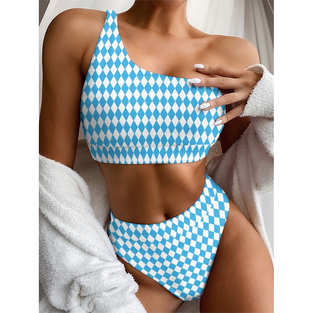 Blue And White Harlequin Pattern Print One Shoulder Bikini Top