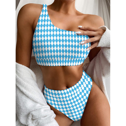 Blue And White Harlequin Pattern Print One Shoulder Bikini Top