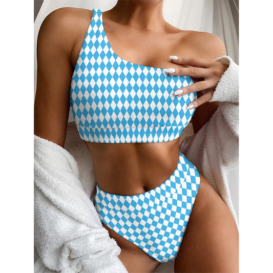 Blue And White Harlequin Pattern Print One Shoulder Bikini Top