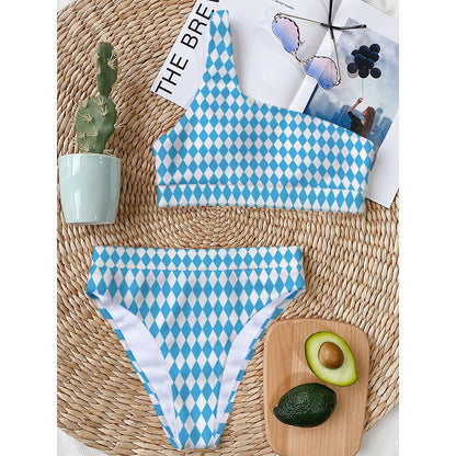 Blue And White Harlequin Pattern Print One Shoulder Bikini Top