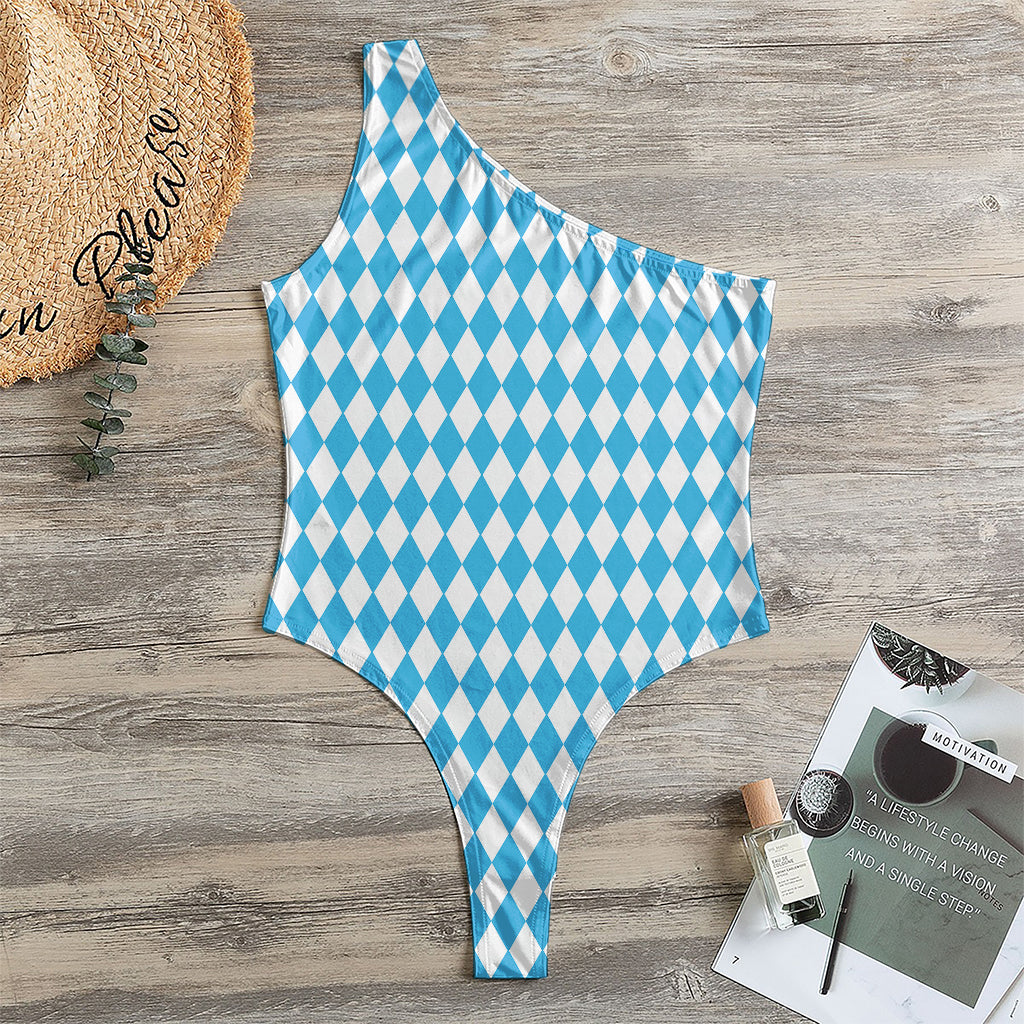 Blue And White Harlequin Pattern Print One Shoulder Bodysuit
