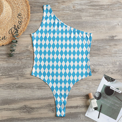 Blue And White Harlequin Pattern Print One Shoulder Bodysuit