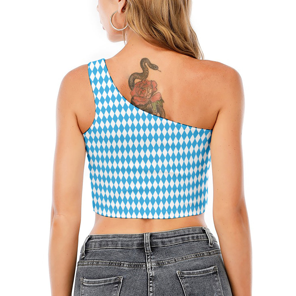 Blue And White Harlequin Pattern Print One Shoulder Crop Top