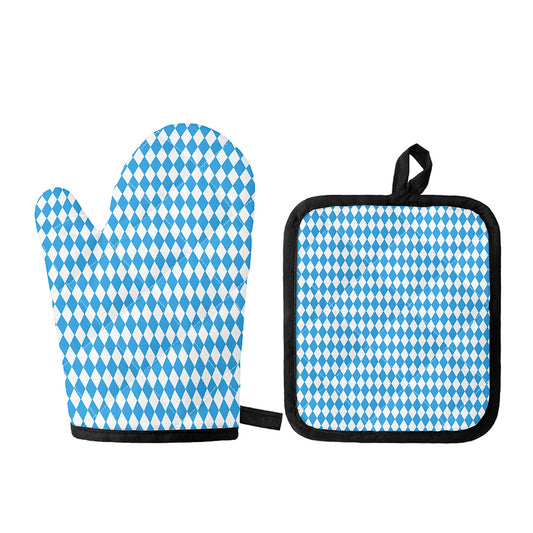Blue And White Harlequin Pattern Print Oven Mitt And Pot Holder Set