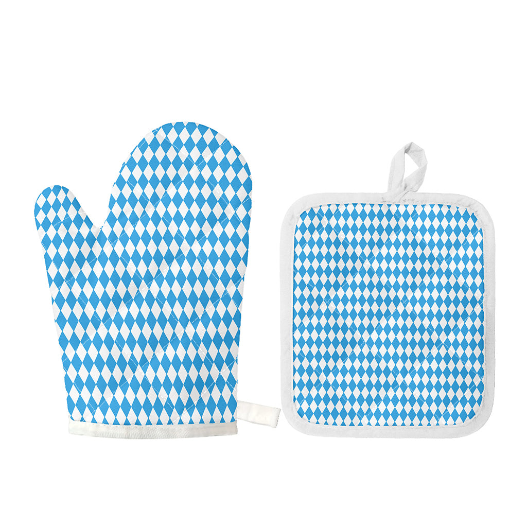 Blue And White Harlequin Pattern Print Oven Mitt And Pot Holder Set