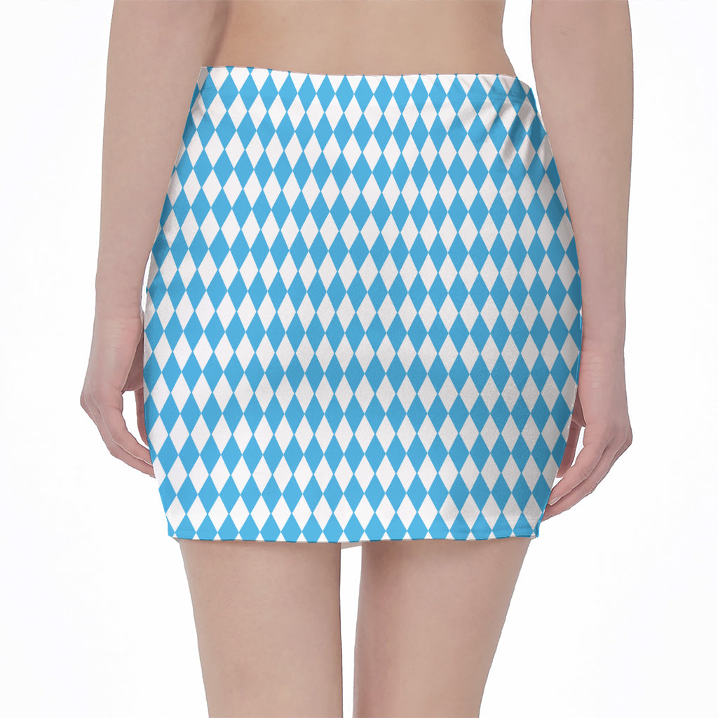 Blue And White Harlequin Pattern Print Pencil Mini Skirt