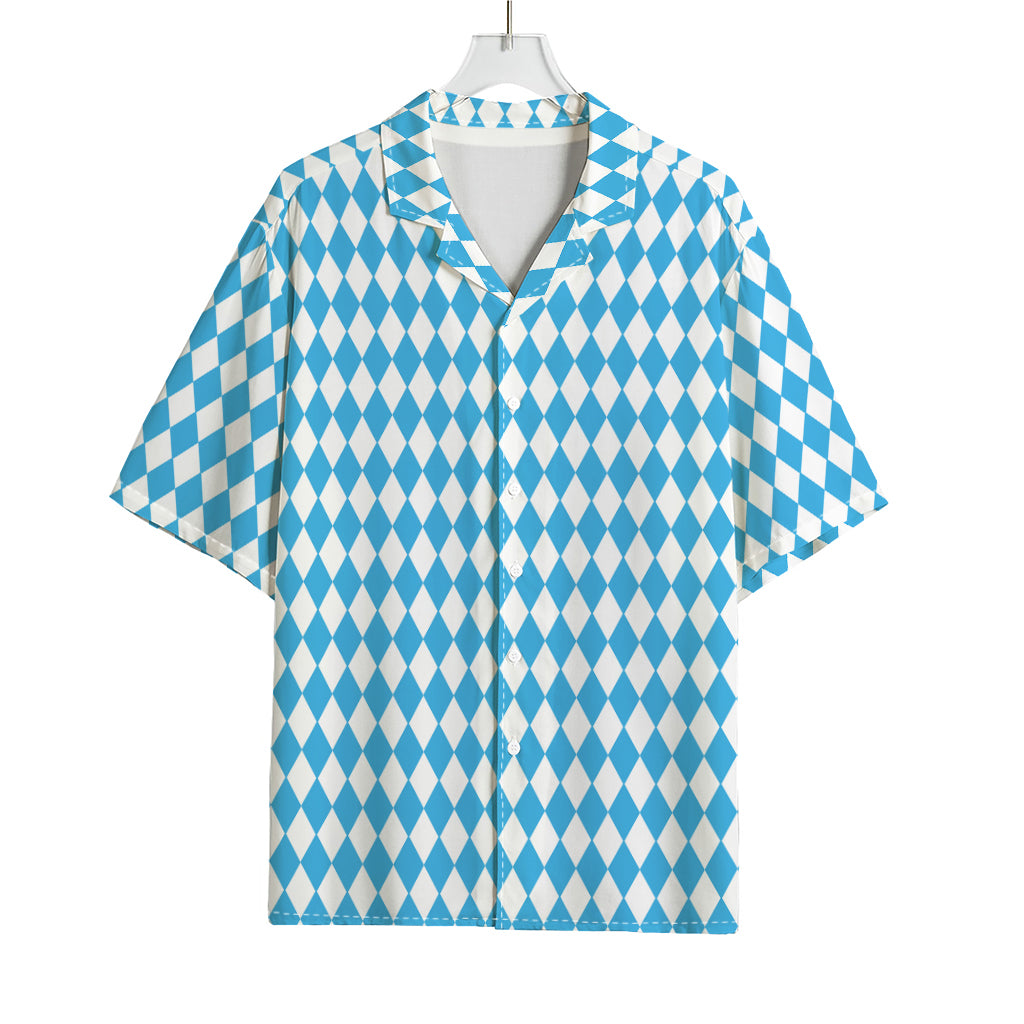 Blue And White Harlequin Pattern Print Rayon Hawaiian Shirt