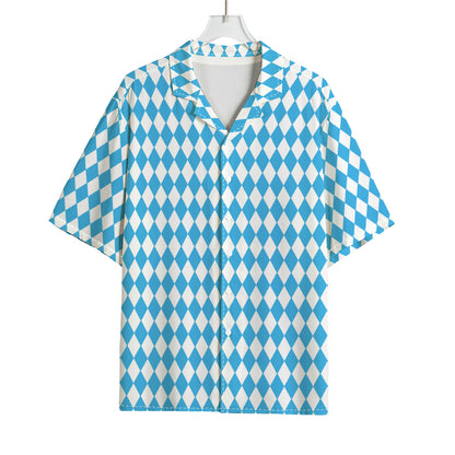 Blue And White Harlequin Pattern Print Rayon Hawaiian Shirt