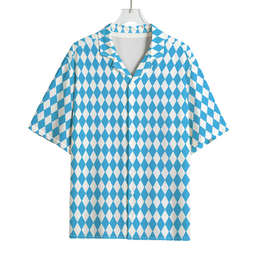Blue And White Harlequin Pattern Print Rayon Hawaiian Shirt