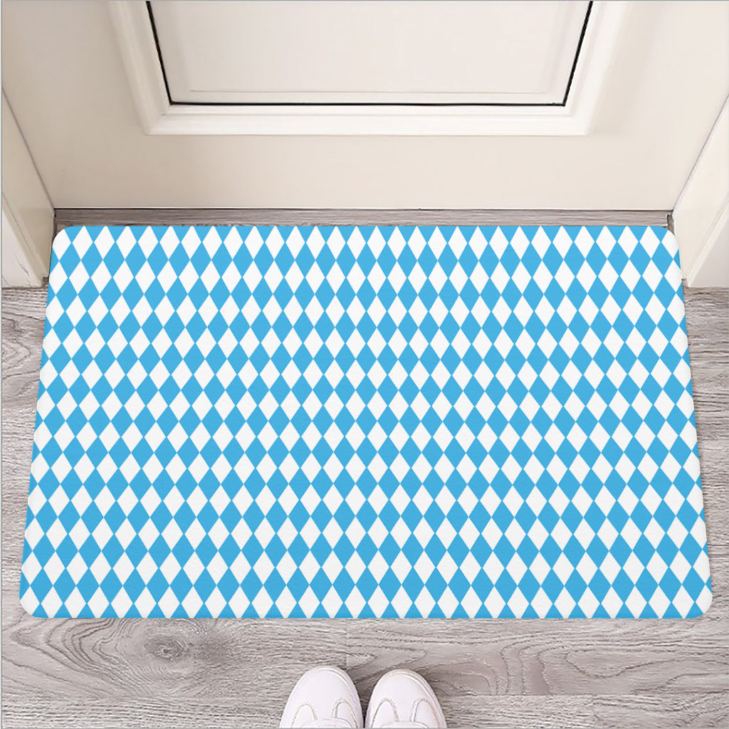 Blue And White Harlequin Pattern Print Rubber Doormat