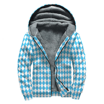 Blue And White Harlequin Pattern Print Sherpa Lined Zip Up Hoodie