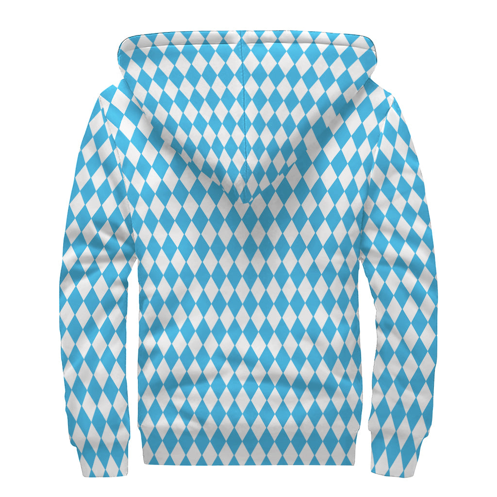 Blue And White Harlequin Pattern Print Sherpa Lined Zip Up Hoodie