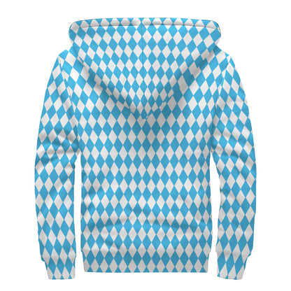 Blue And White Harlequin Pattern Print Sherpa Lined Zip Up Hoodie