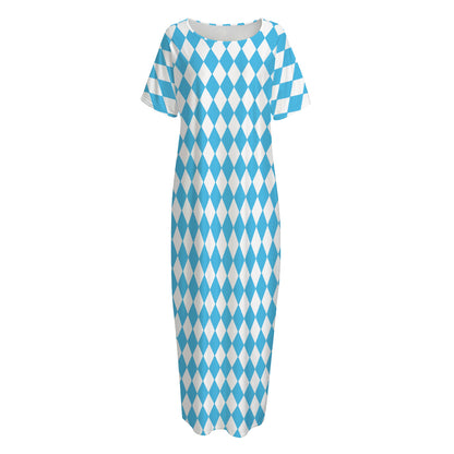Blue And White Harlequin Pattern Print Short Sleeve Long Nightdress