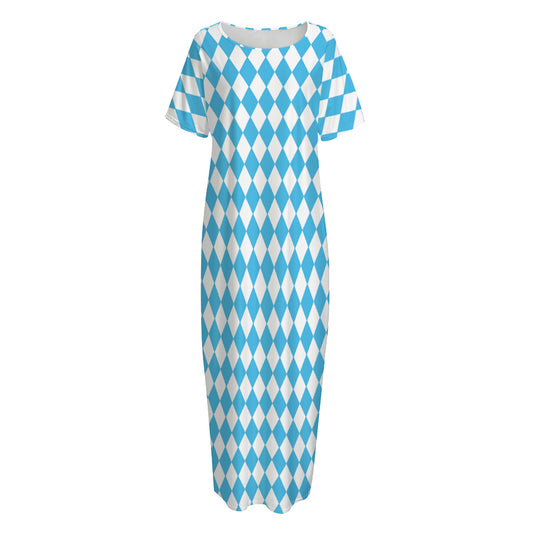 Blue And White Harlequin Pattern Print Short Sleeve Long Nightdress