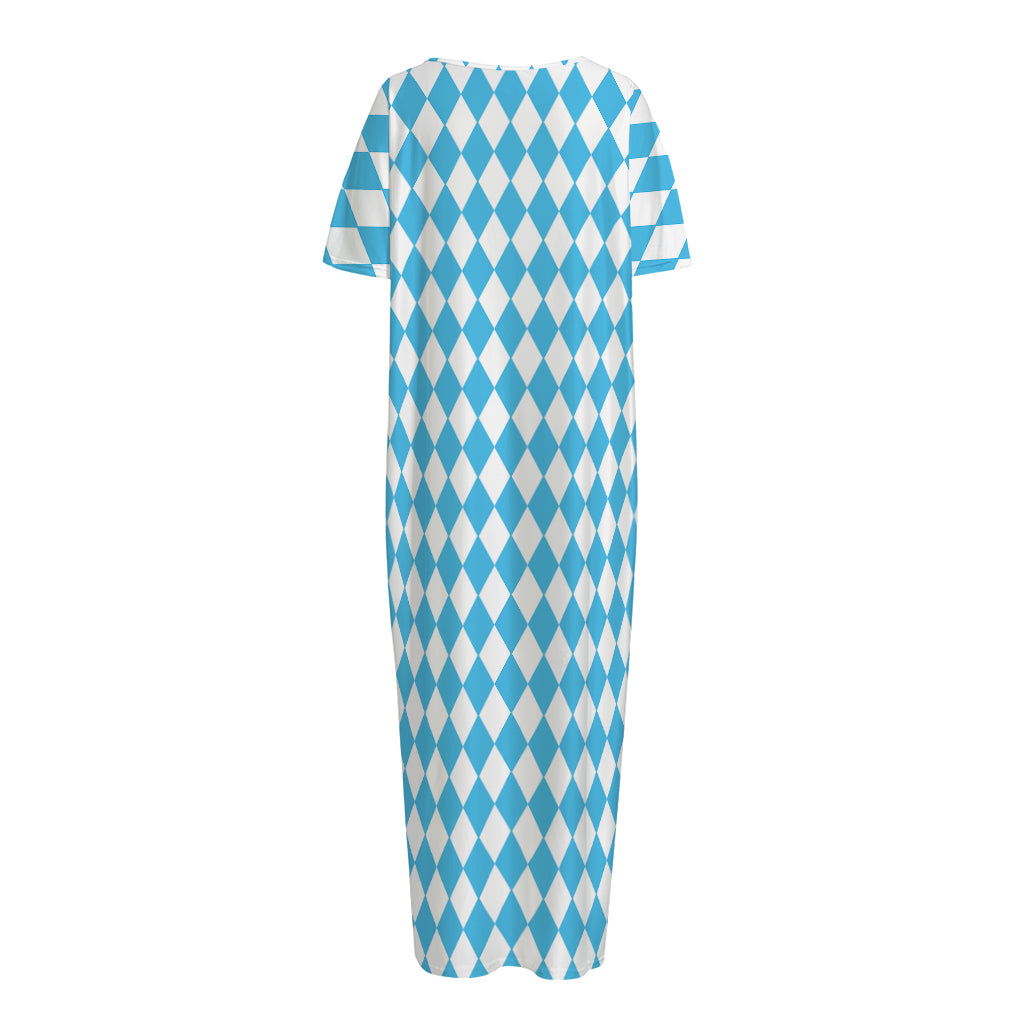 Blue And White Harlequin Pattern Print Short Sleeve Long Nightdress