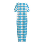Blue And White Harlequin Pattern Print Short Sleeve Long Nightdress