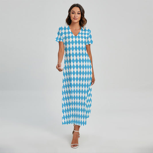Blue And White Harlequin Pattern Print Short Sleeve Maxi Dress