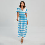 Blue And White Harlequin Pattern Print Short Sleeve Maxi Dress