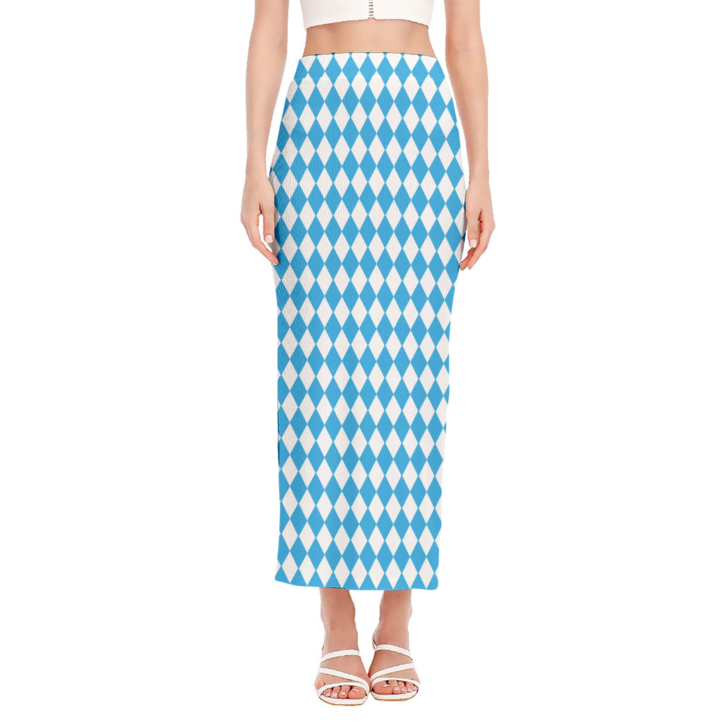 Blue And White Harlequin Pattern Print Side Slit Maxi Skirt