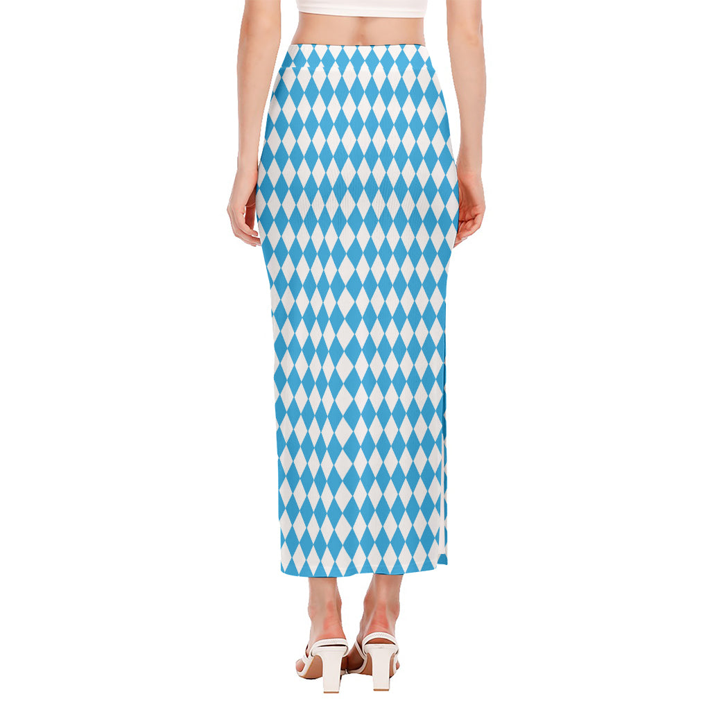 Blue And White Harlequin Pattern Print Side Slit Maxi Skirt