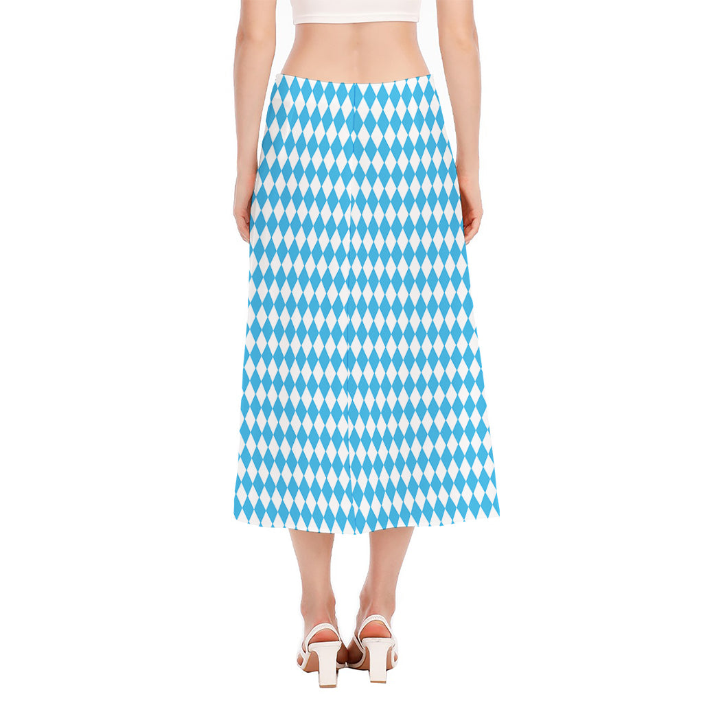 Blue And White Harlequin Pattern Print Side Slit Midi Skirt