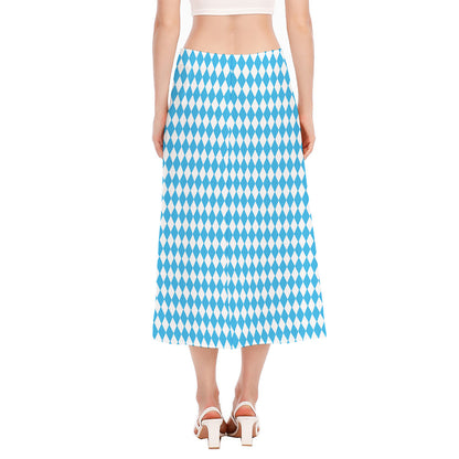 Blue And White Harlequin Pattern Print Side Slit Midi Skirt