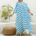 Blue And White Harlequin Pattern Print Silk V-Neck Kaftan Dress