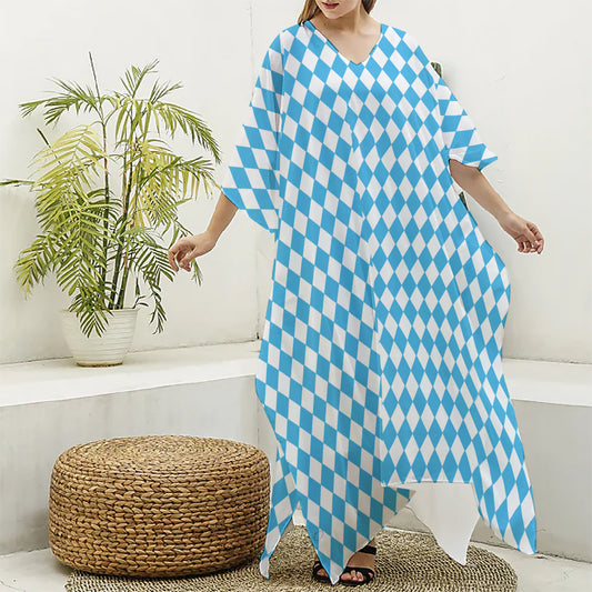 Blue And White Harlequin Pattern Print Silk V-Neck Kaftan Dress