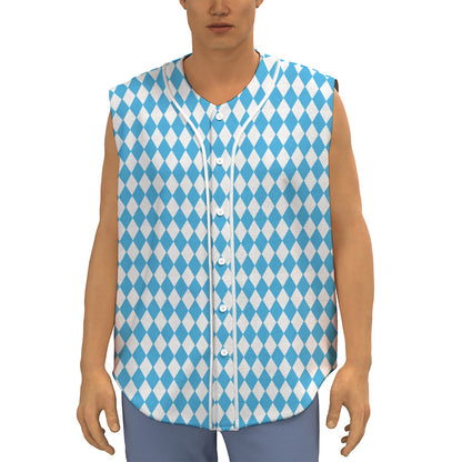 Blue And White Harlequin Pattern Print Sleeveless Baseball Jersey