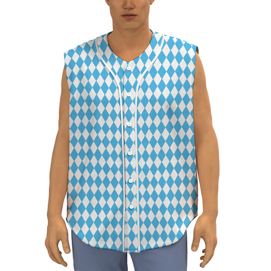 Blue And White Harlequin Pattern Print Sleeveless Baseball Jersey