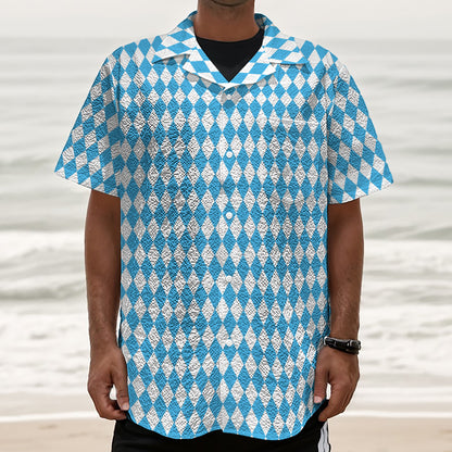 Blue And White Harlequin Pattern Print Textured Short Sleeve Shirt
