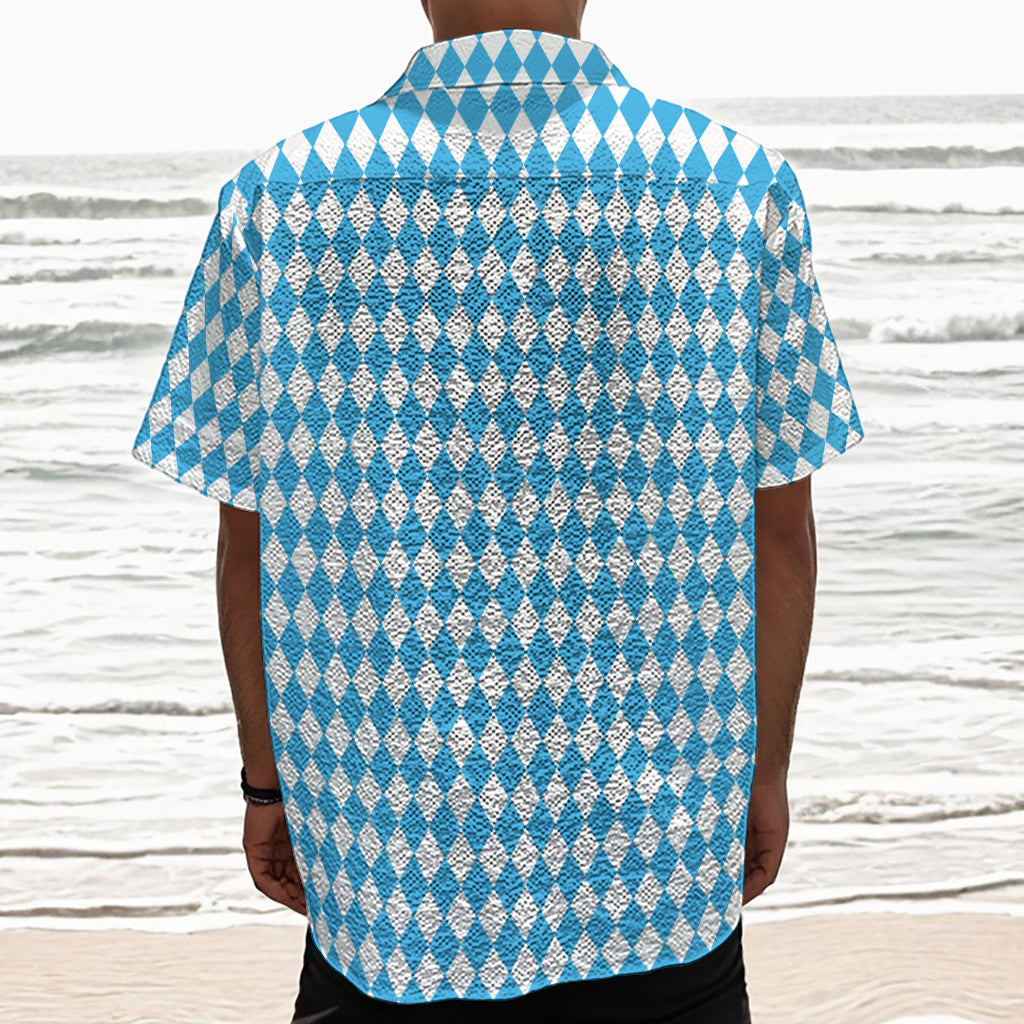 Blue And White Harlequin Pattern Print Textured Short Sleeve Shirt