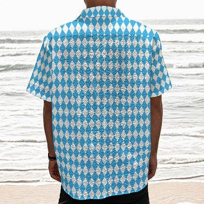 Blue And White Harlequin Pattern Print Textured Short Sleeve Shirt