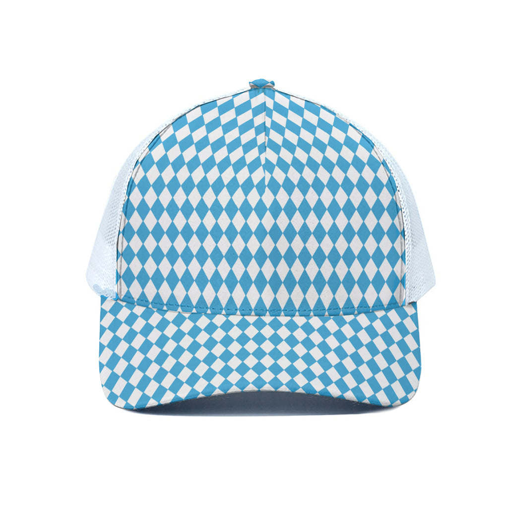 Blue And White Harlequin Pattern Print White Mesh Trucker Cap